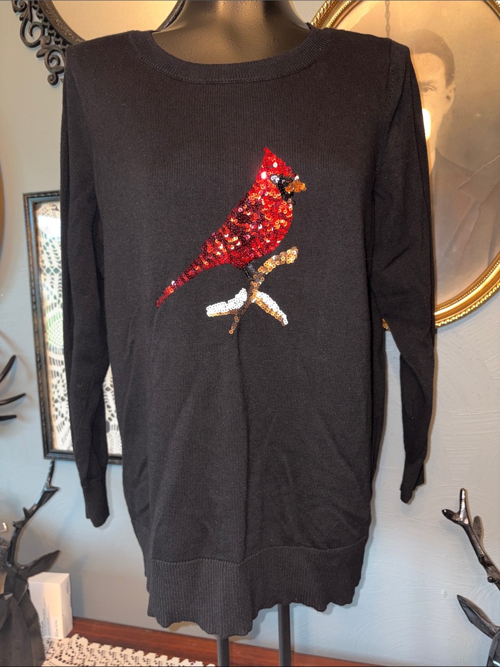 WestPort 1962 Sequin Cardinal Crewneck Sweater - Black